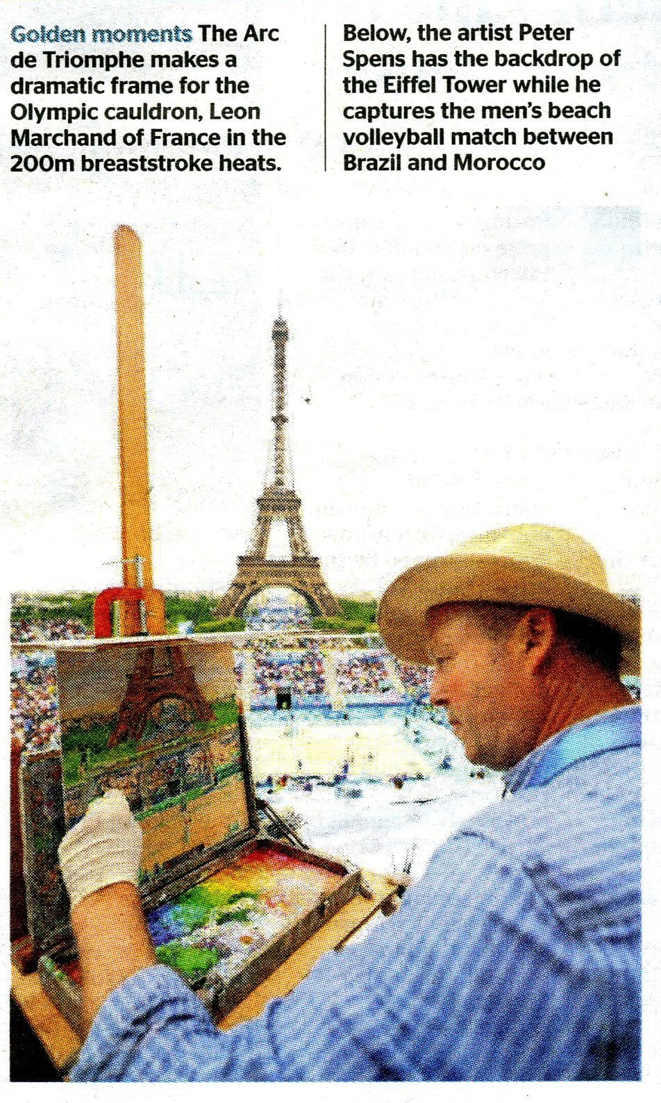 Peter Spens featured in The Times newspaper, 31 July 2024, painting the Beach Volleyball at the Eiffel Tower